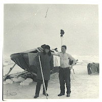 Seal hunting in 1964, some 25 km off the lighthouse island of Tankar. Three-man hunting party. From the left Sigfrid Strandberg jr. and Mauritz Holming. Missing from the picture Ernst Granqvist. Photographer: Ernst Granqvist Archive collection: The Strandberg family archive