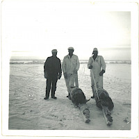 Seal hunting in 1964, some 25 km off the lighthouse island of Tankar. Three-man hunting party, from the left Ernst Granqvist, Sigfrid Strandberg jr., Mauritz Holming.  Photographer: Sigfrid Strandberg Archive collection: The Strandberg family archive