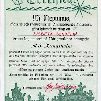 Lisbeth Sundelin’s Line-Crossing Certificate from 1972. Lisbeth Sundelin’s private archive.